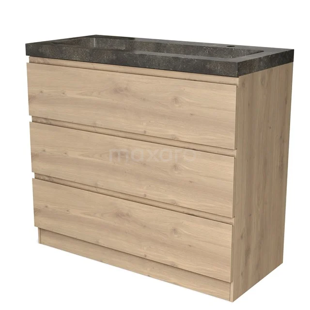 Wooden bathroom unit with three drawers and a dark grey basin worktop, modern design in oak look.