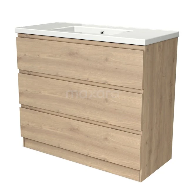 Modulo Bathroom furniture with sink | 100 cm Light brown oak Handle-less front Ceramic 3 standing drawers BMW19S-00533 Wooden bathroom unit with basin, three drawers and natural oak finish, ideal for a modern bathroom design.