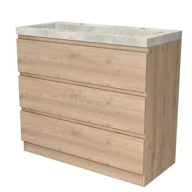 Houten badkamermeubel met drie lades en een wit marmeren wastafelblad, modern design voor stijlvolle badkameropslag.