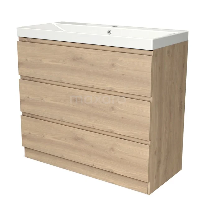 Houten badkamermeubel met natuurlook, drie lades en een wit keramisch wastafelblad, ideaal voor moderne badkamers.