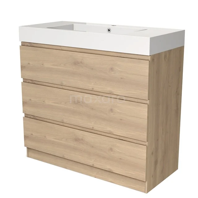 Houten badkamermeubel met witte wastafel, drie lades en modern design, ideaal voor praktische en stijlvolle badkameropslag.