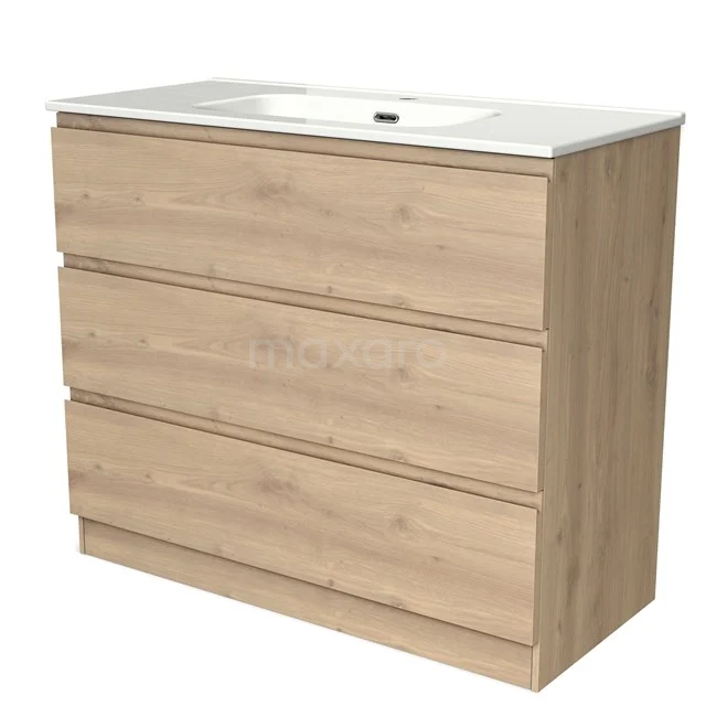 Houten badkamermeubel met licht eikenhouten afwerking, drie brede lades en geïntegreerde wastafel.