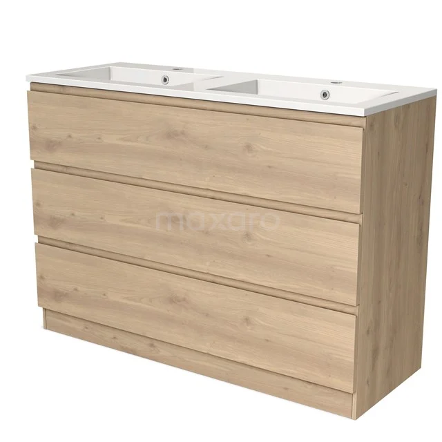 Modulo Bathroom furniture with sink | 120 cm Light brown oak Handle-less front Mineral marble 3 standing drawers BMW19S-00544 Oak vanity unit with double ceramic worktop, four wide drawers, ideal for a stylish and functional bathroom.
