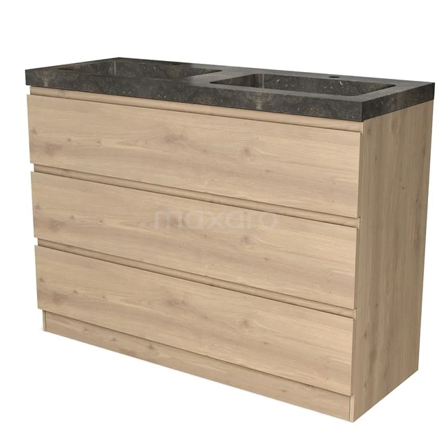Badmöbel 120cm Modulo Hellbraune Eiche 3 Schubladen Griffloses Waschbecken Naturstein Blaustein BMW19S-00547 Holz Badezimmermöbel mit vier Schubladen, schwarzer Marmor Platte und integriertem Waschbecken, modernes und stilvolles Design.