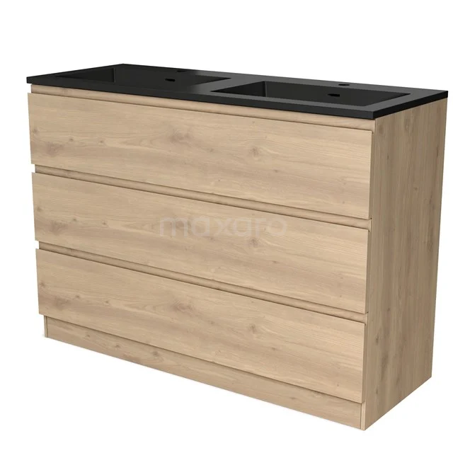 Modulo Waschtische | 120 cm Hellbraune Eiche Grifflos front Quarz 3 stehende Schubladen BMW19S-00550 Holz Badezimmermöbel mit Schwarz Waschbecken, vier Schubladen und modernem Aussehen, ideal für stilvolle Badezimmerlagerung.