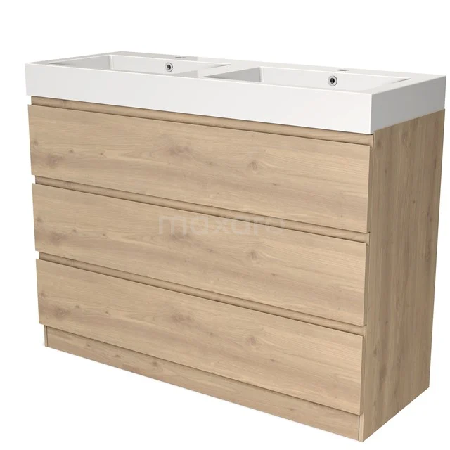 Hölzernes Badezimmermöbel mit weißem Doppelwaschbecken, vier Schubladen und modernem Design, ideal für praktische Badezimmerlagerung.