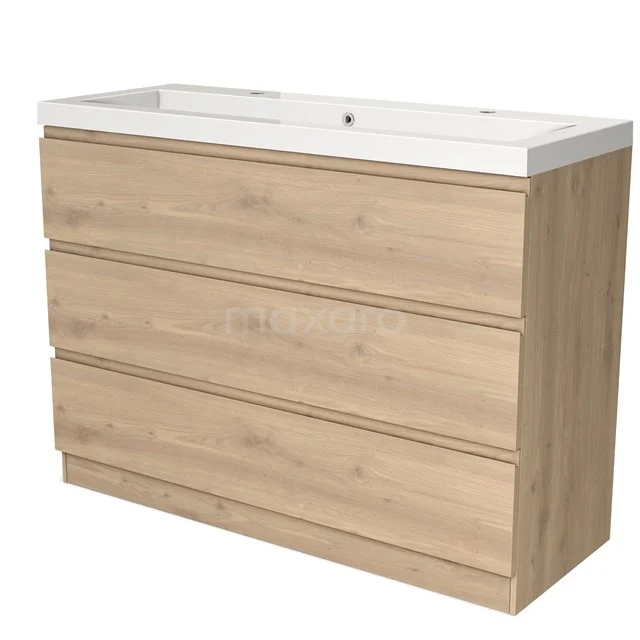 Wooden bathroom unit with four drawers in light oak finish, including white ceramic basin.