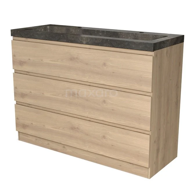 Oak bathroom unit with three drawers, black marble basin worktop, modern design for stylish bathroom design.