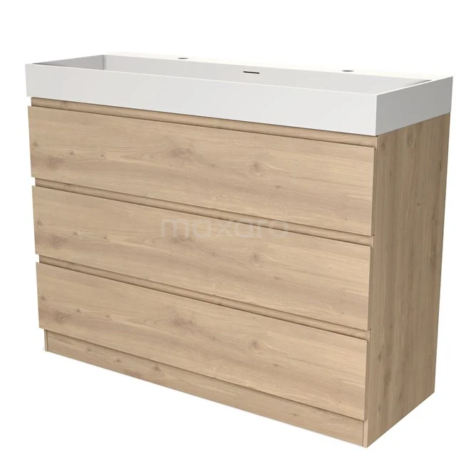 Houten badkamermeubel met witte wastafel, modern design, drie lades, ideaal voor badkameropslag en stijlvol interieur.
