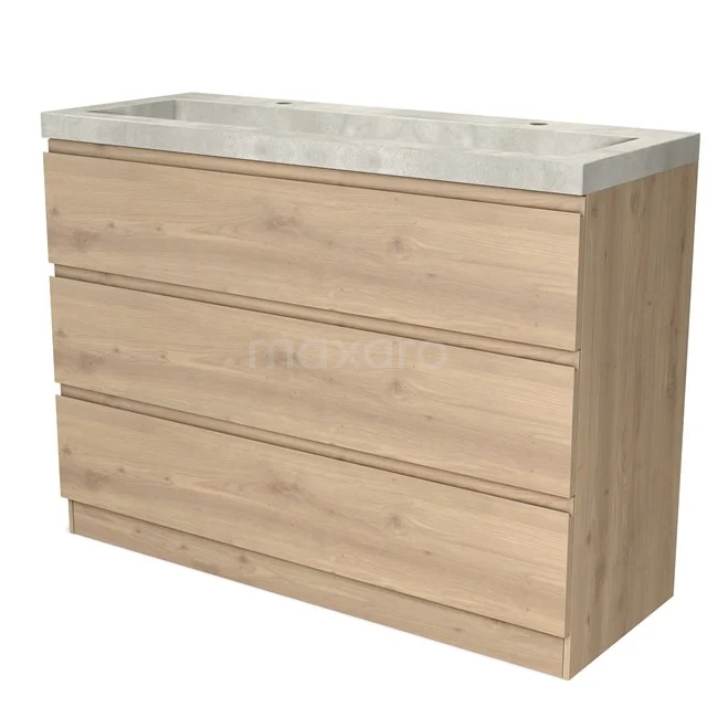 Houten wastafelmeubel met marmeren blad, licht eiken kleur, 3 lades, modern ontwerp voor stijlvolle badkameropslag.