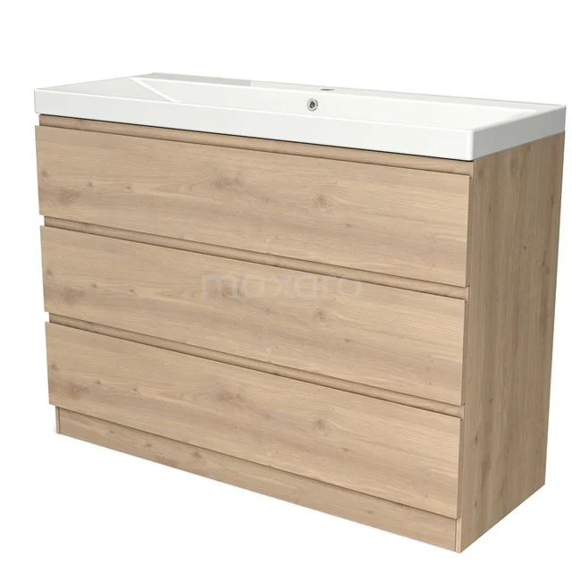 Houten badkamermeubel met drie lades, licht eiken afwerking en wit wastafelblad, ideaal voor moderne badkamers.