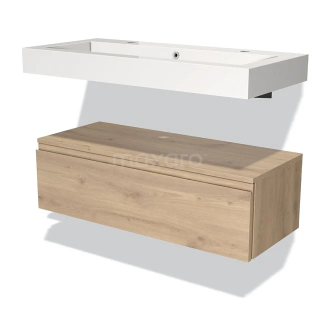 Wooden bathroom unit with drawers and white basin worktop, sleek design, ideal for modern bathrooms.