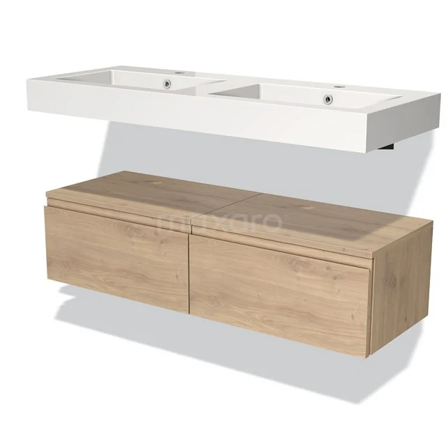 Modern Badmöbel mit Doppelwaschbecken, weißen keramischen Waschbecken und Eichenunterkasten, ideal für zeitgemäße Bäder.