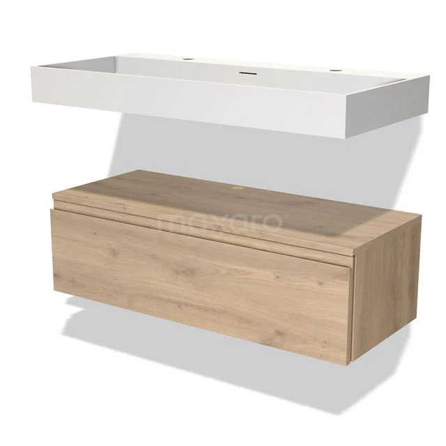 Moderne hängende Badschrank, Holzoptik Unterschrank mit weißem Waschbecken; klares Design ideal für ein stilvolles Badezimmer.