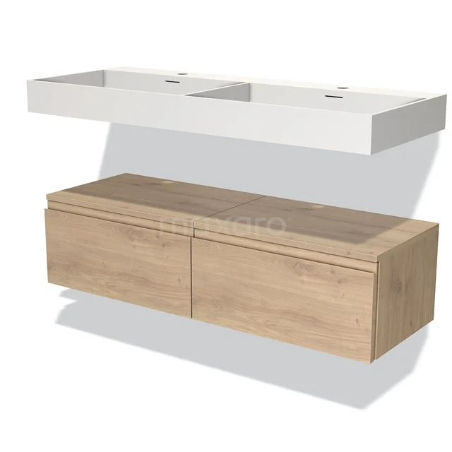 Oak bathroom unit with double-sided white vanity unit with basin, sleek design and floating assembly.