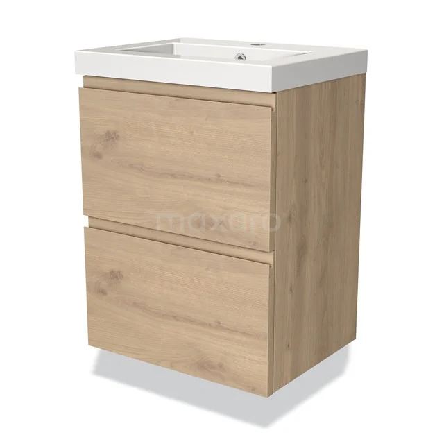 Wooden bathroom unit with two drawers, white ceramic basin worktop, compact design for modern bathrooms.