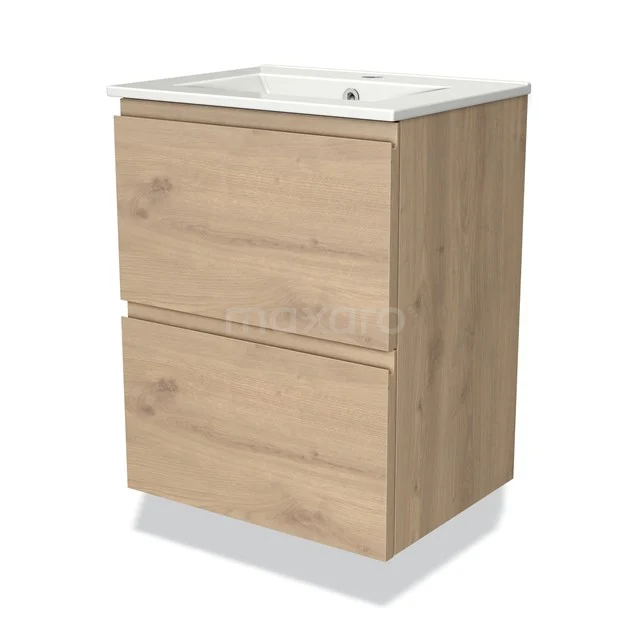 Holz Badezimmermöbel mit zwei Schubladen, heller Eiche-Oberfläche und integriertem Waschbecken, perfekt für ein modernes Badezimmer.