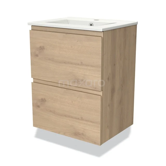 Holz Badezimmermöbel mit zwei Schubladen, heller Eiche Oberfläche, einschließlich weißem Waschbecken.