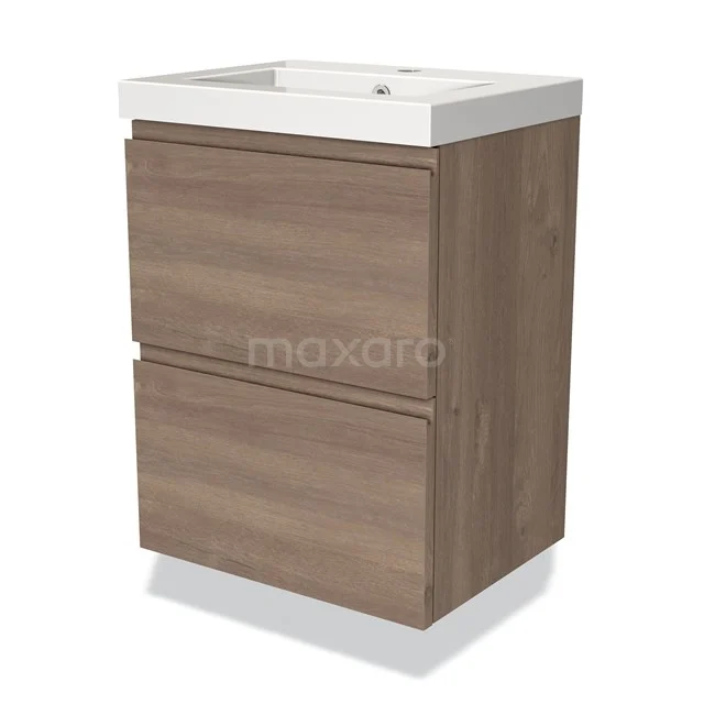 Holz Badezimmermöbel mit zwei Schubladen und weißem Waschbecken, kompaktes und modernes Design in Eicheoptik.