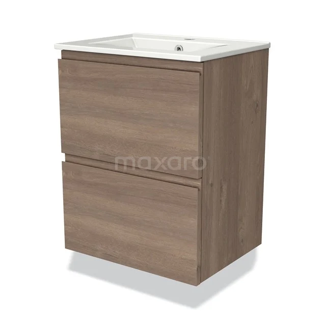 Holz Badezimmermöbel mit zwei Schubladen, natürlicher Eiche Optik und keramischem Waschbecken, perfekt für ein modernes Badezimmer.