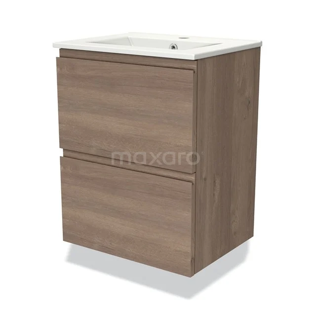 Compact bathroom cabinet in wood look with two soft-close drawers and integrated Basin, ideal for small bathrooms.