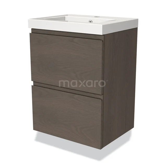 Hölzerner Badschrank mit dunkelbraunem Furnier, zwei Schubladen und weißem Waschbecken; stilvoll und praktisch für jedes Badezimmer.