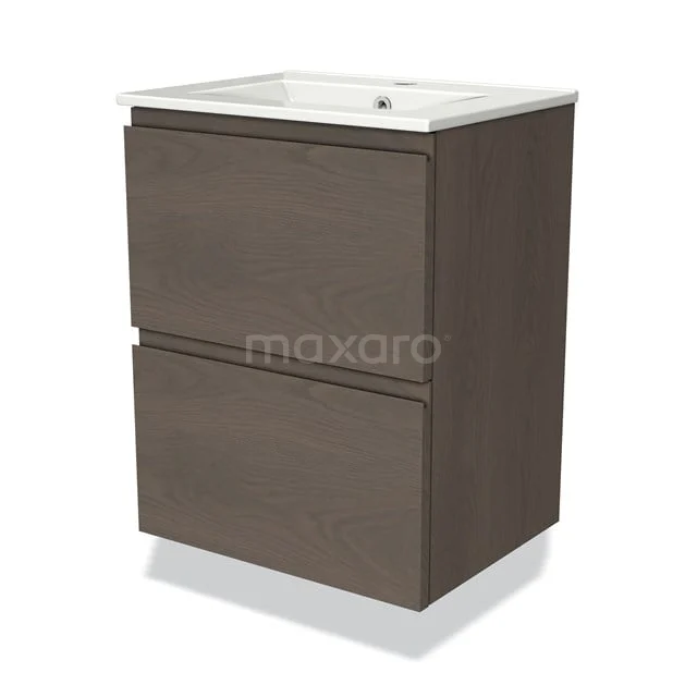 Modulo Slim Bathroom furniture with sink | 50 cm Dark brown oak Handle-less front Ceramic 2 Stacked drawers BMW37-00715 Wooden bathroom unit with two drawers and a white basin, compact design for modern bathroom layout.
