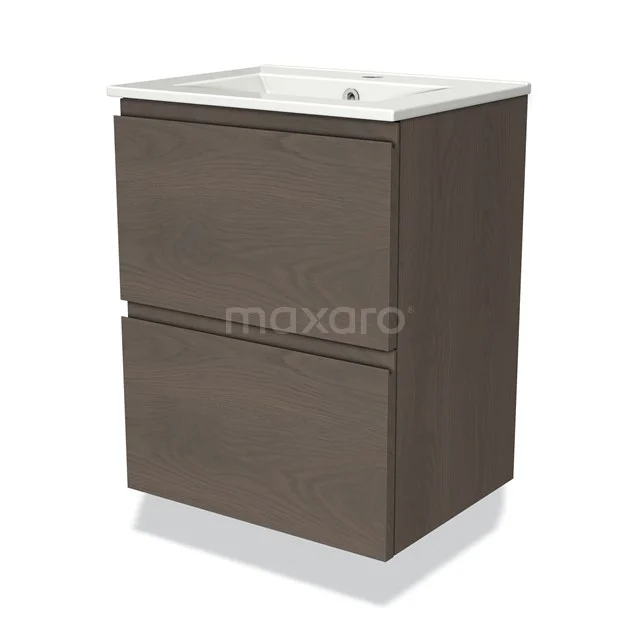 Modulo Slim Vanity units with basin | 50 cm Dark brown oak Handle-less front Ceramic 2 Stacked drawers BMW37-00715