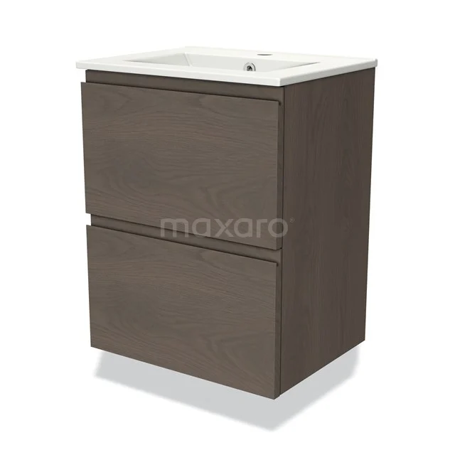 Modulo Slim Vanity units with basin | 50 cm Dark brown oak Handle-less front Ceramic 2 Stacked drawers BMW37-00716