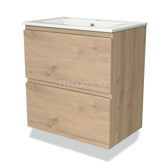 Wooden bathroom unit with two drawers and built-in sink, natural Oak look, compact design for modern bathroom design.