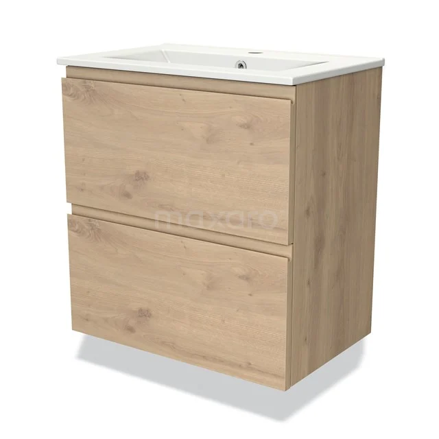 Wooden bathroom cabinet with basin, Oak finish, two drawers and modern design, perfect for stylish bathroom storage.