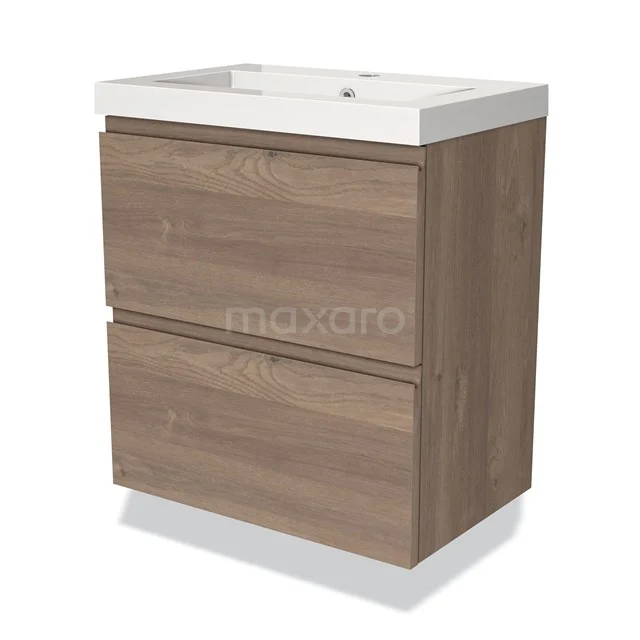 Modulo Slim Vanity units with basin | 60 cm Mid brown oak Handle-less front Mineral marble 2 Stacked drawers BMW37-00722