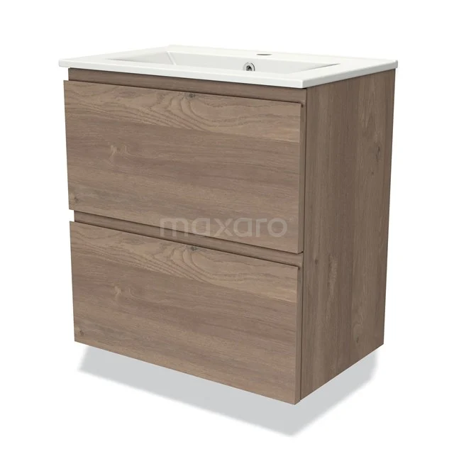 Modulo Slim Vanity units with basin | 60 cm Mid brown oak Handle-less front Ceramic 2 Stacked drawers BMW37-00726