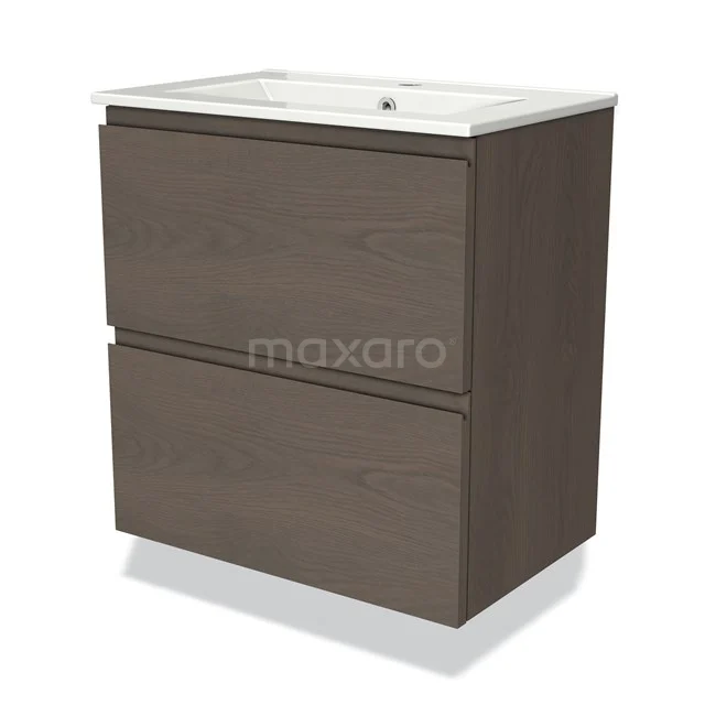 Modulo Slim Vanity units with basin | 60 cm Dark brown oak Handle-less front Ceramic 2 Stacked drawers BMW37-00730