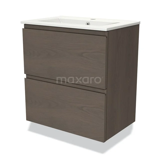 Modulo Slim Vanity units with basin | 60 cm Dark brown oak Handle-less front Ceramic 2 Stacked drawers BMW37-00731