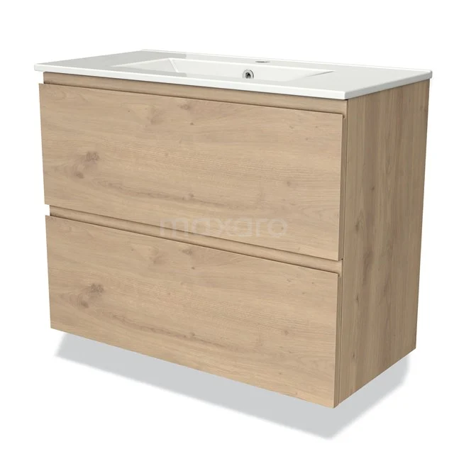Wooden bathroom unit with basin, oak look, two drawers and sleek design for modern bathrooms.