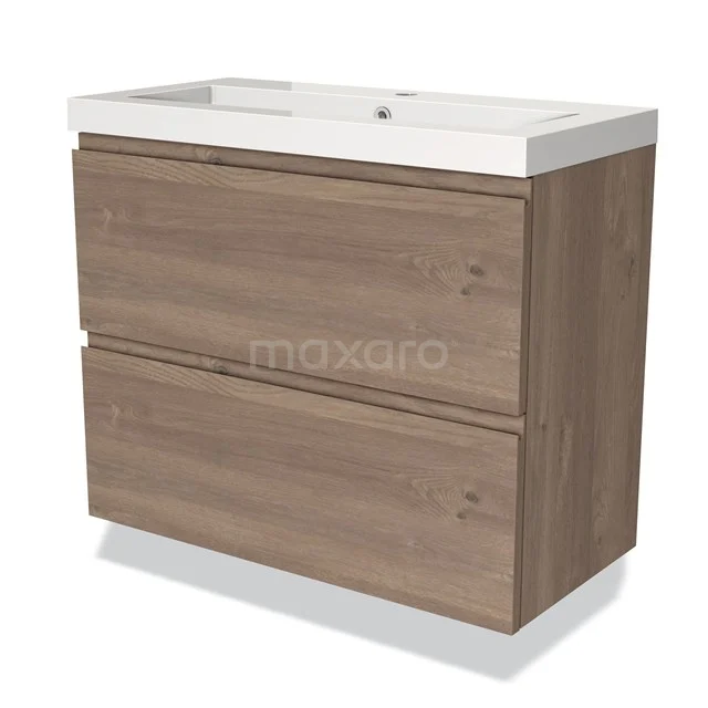 Modulo Slim Vanity units with basin | 80 cm Mid brown oak Handle-less front Mineral marble 2 Stacked drawers BMW37-00737