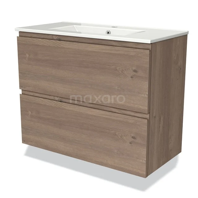 Holz Badezimmermöbel mit geräumigen Schubladen, zwei Softclose Schubladen und einem weißen Waschbecken; ideal für moderne Badezimmerlagerung.