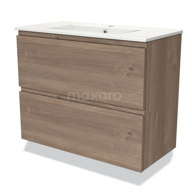 Badmöbel 80cm Modulo Slim Mittelbraune Eiche 2 Schubladen Griffloses Waschbecken Keramik BMW37-00741 Holz Badezimmermöbel mit zwei Schubladen, Eichelook, einschließlich weißem Waschbecken aus Keramik, modernes Design.