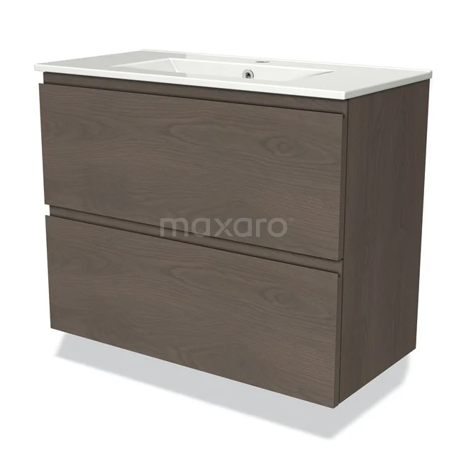 Braune Badmöbelset mit zwei Schubladen, Holzlook-Oberfläche und weißem Waschbecken, modernes Design.