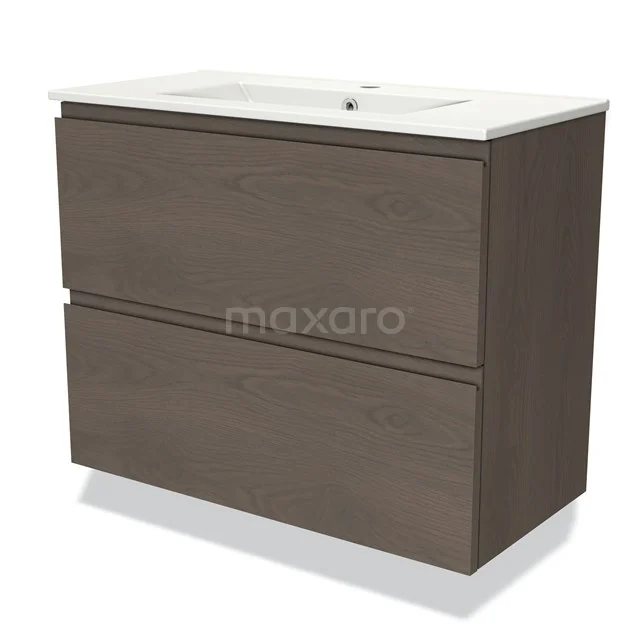 Wooden bathroom unit in dark oak with two drawers and a white vanity units with basin, ideal choice for modern bathroom design.