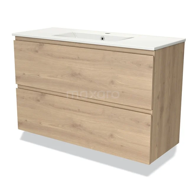 Wooden bathroom unit with two drawers, ceramic basin worktop, modern finish, ideal for stylish bathrooms.