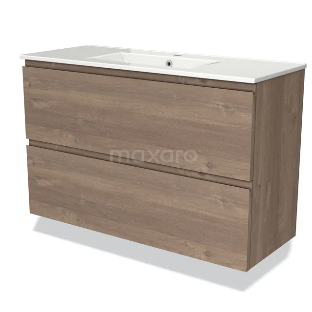 Modulo Slim Vanity units with basin | 100 cm Mid brown oak Handle-less front Ceramic 2 Stacked drawers BMW37-00757