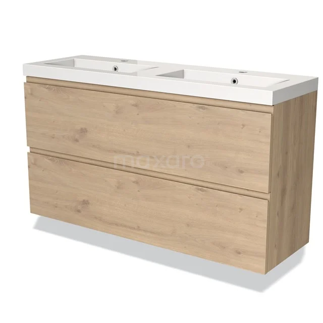 Holz Badezimmermöbel mit Doppelwaschbecken, Eichenlook, minimalistisches Design, ideal für moderne Bäder.