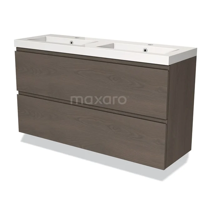 Wooden bathroom unit double basin, dark brown, modern design, with two handleless drawers and ceramic basin.