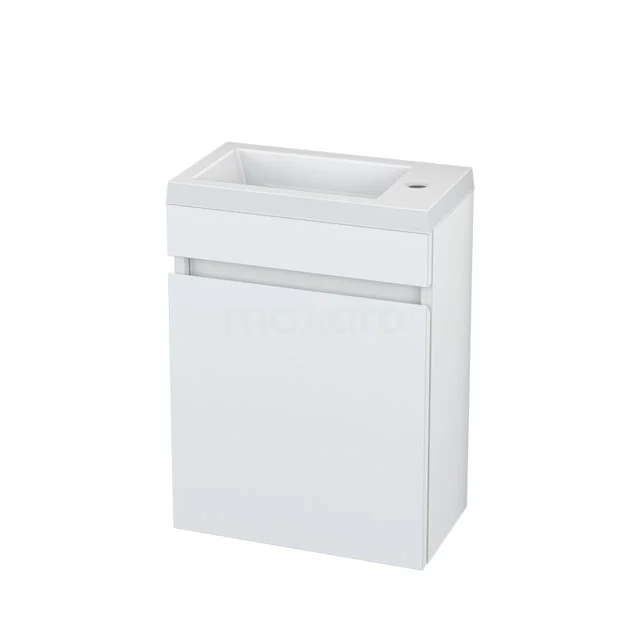 Weißes Badezimmermöbel mit integriertem Waschbecken, kompakte Form, schlankes Design und Softclose-Schublade, ideal für moderne Bäder.