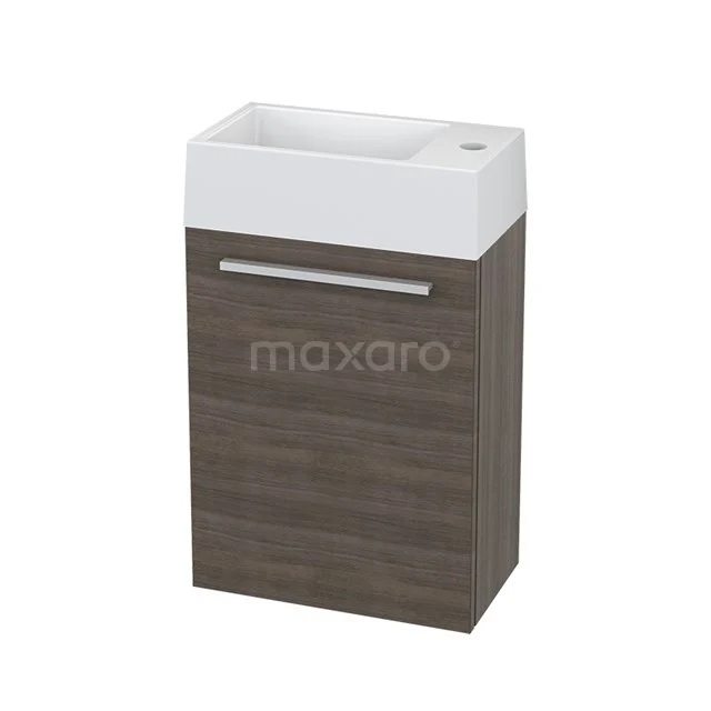 Compact bathroom unit with a white ceramic sink and wood-look base cabinet in dark brown, ideal for small bathrooms.