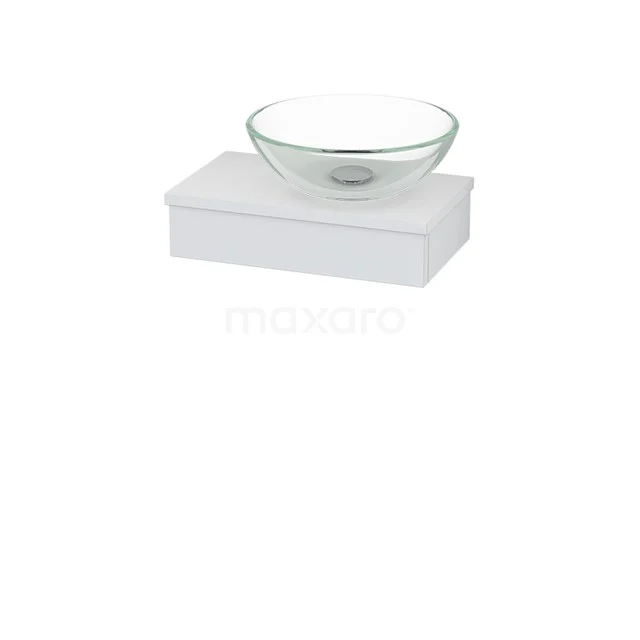 White bathroom furniture set with glass countertop wash basin, modern design and sleek finish; ideal for a stylish bathroom design.