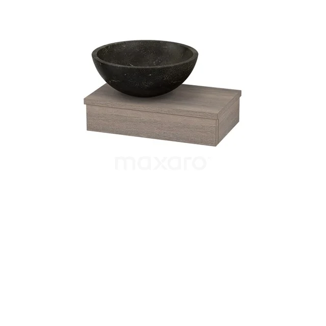 Moderne schwarze Marmor-Aufsatzwaschbecken auf einer Eichen-Waschtischplatte, perfekt für eine stilvolle Badezimmer Einrichtung.