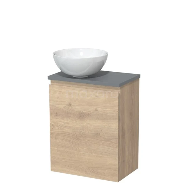 Houten badkamermeubel met witte waskom en grijze bovenblad, compact design, ideaal voor moderne badkamers.